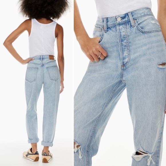 Denim Forum Jeans Pant Aritzia High Boyfriend Loose Distressed Denim Blue 24 - Picture 2 of 14